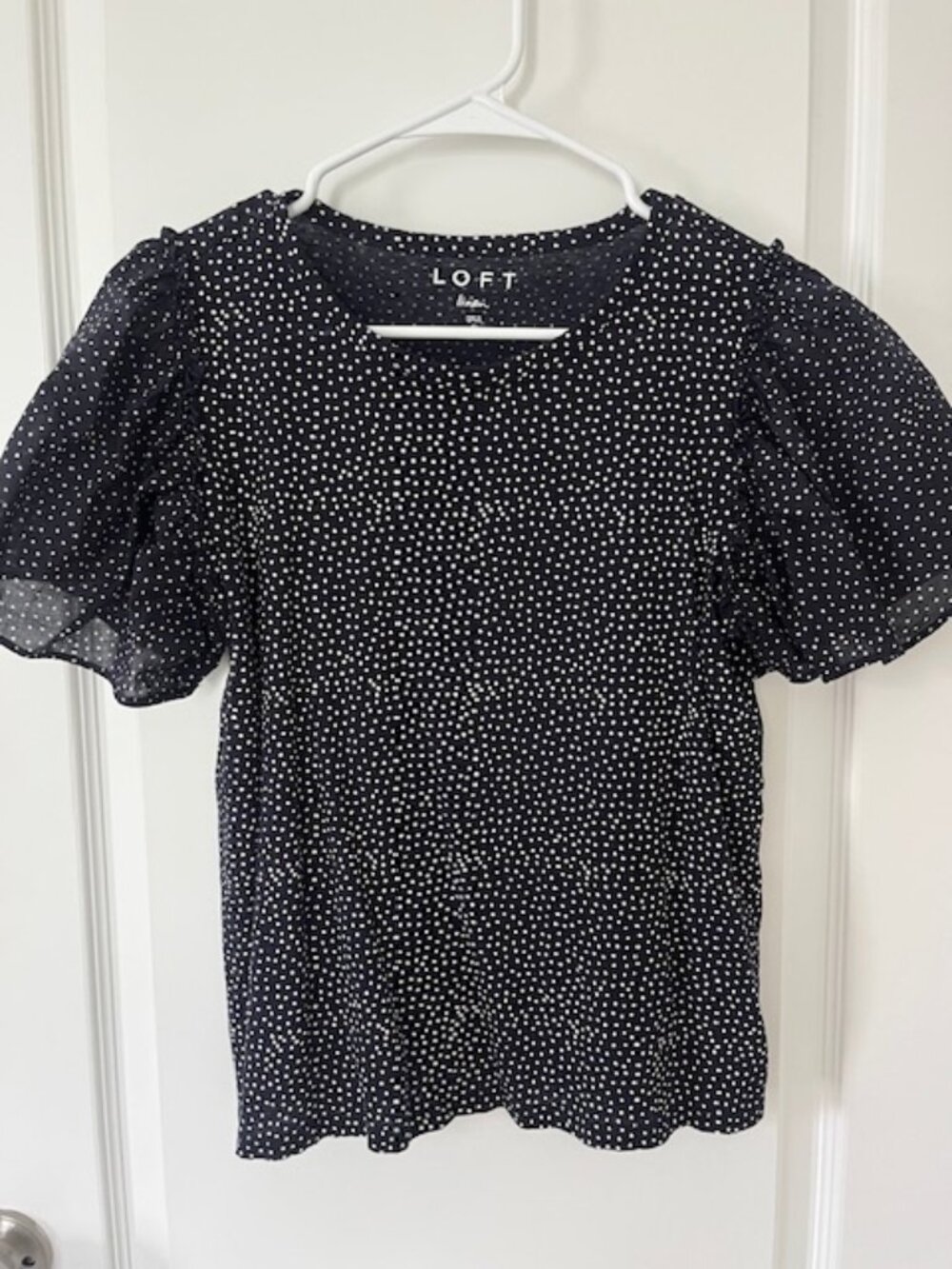 Loft linen blouse, navy blue and white polka dot, size S